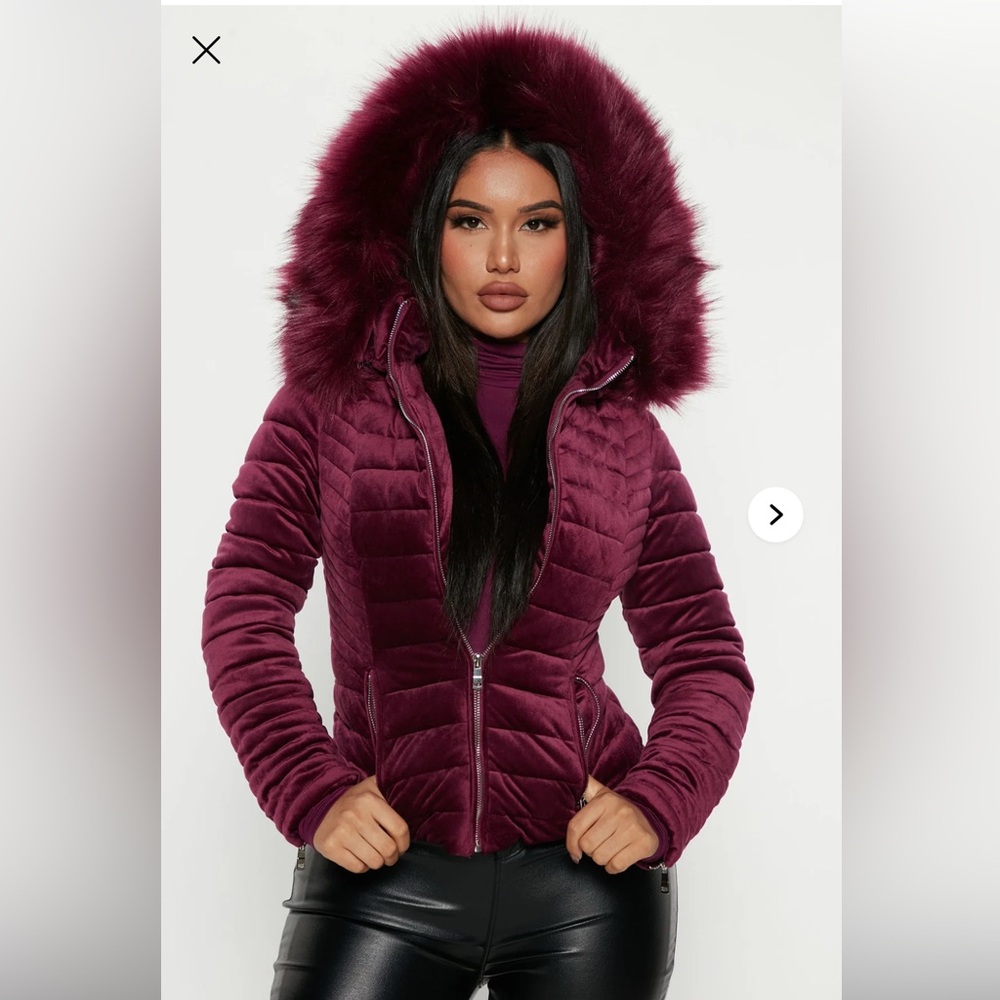 Women's Burgundy Quilted Jacket with Faux Fur Hood